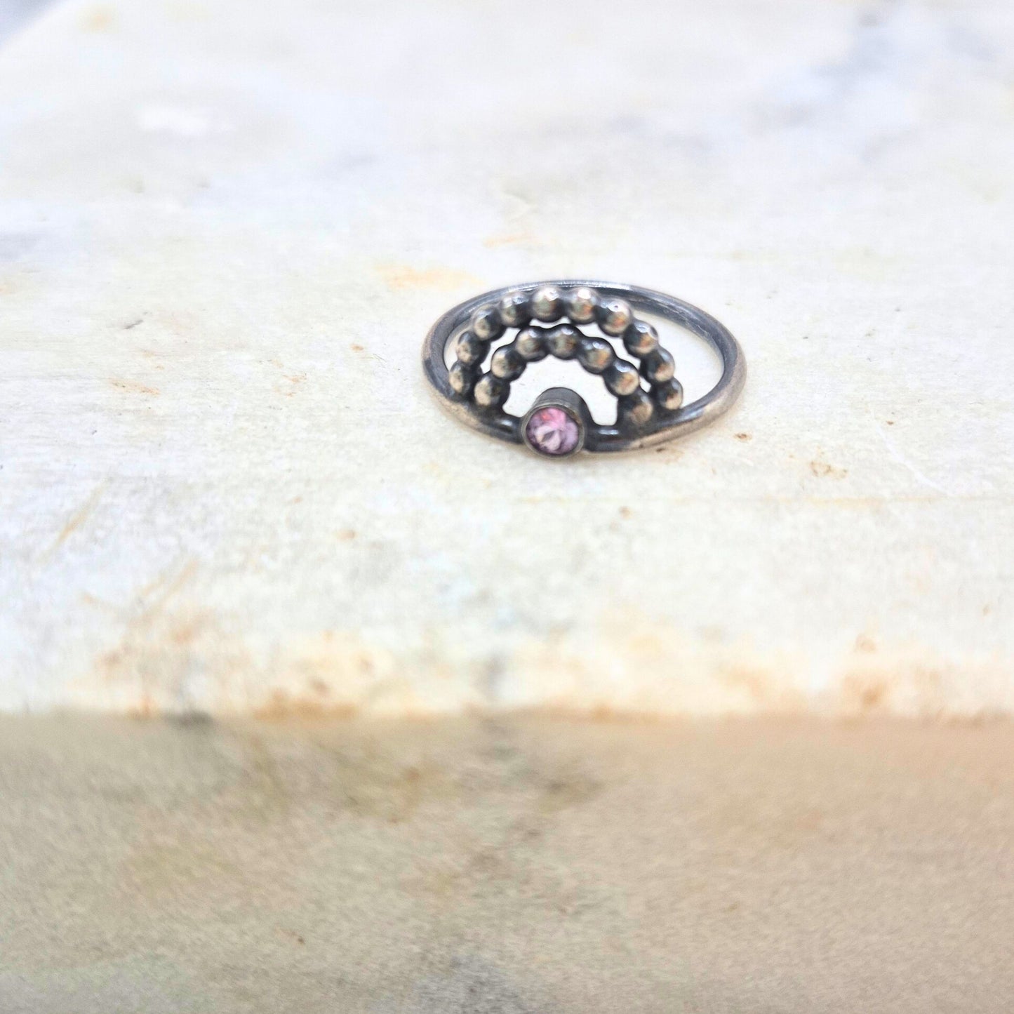 Handmade Silver Double Dotted Arc Ring with Sapphire