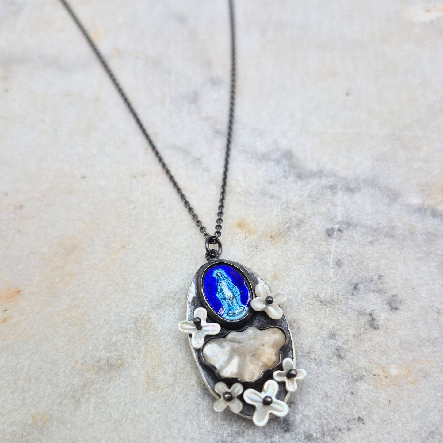 One of a Kind Virgin Mary in the Clouds Necklace