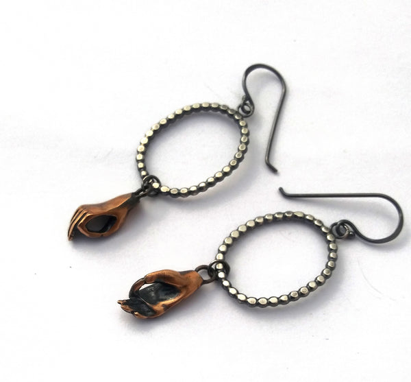 Handmade Bronze Hand and Silver Dots Earrings